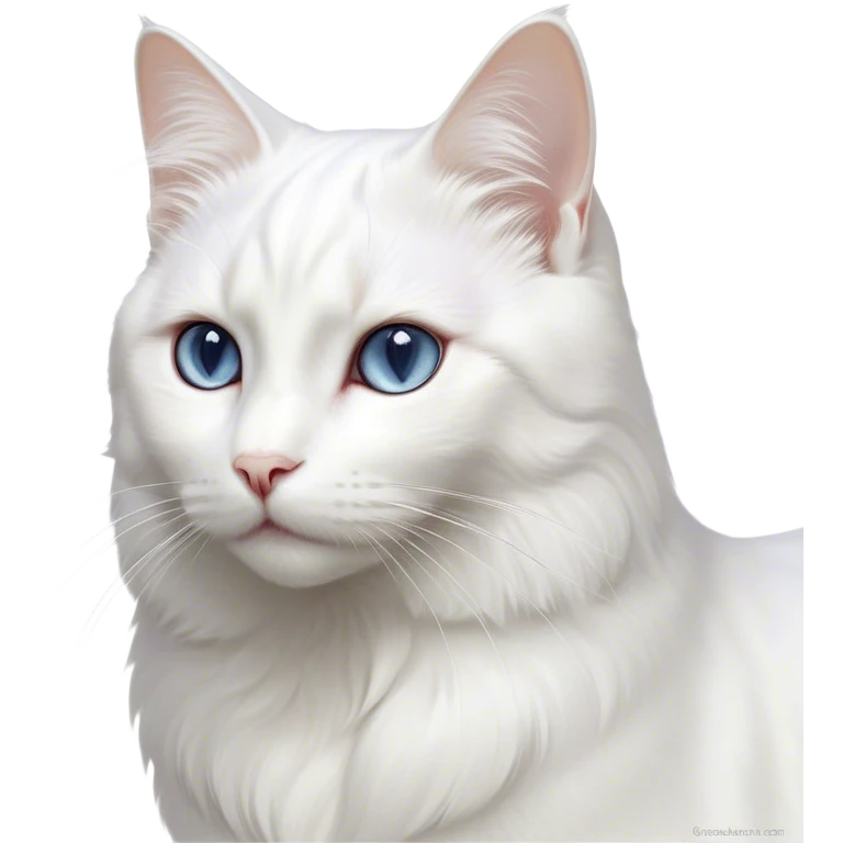 Cinematic Noble White Cat Portrait Emoji, Poised and stately, with a pristine, snow-white fur accented by delicate hints of silver, refined whiskers and a serene, focused gaze, simplified yet impeccably detailed, glowing with an ethereal radiance and timeless elegance, high shine, exuding calm intelligence and regal simplicity, soft glowing outline, capturing the essence of a noble white cat that radiates quiet majesty! emoji