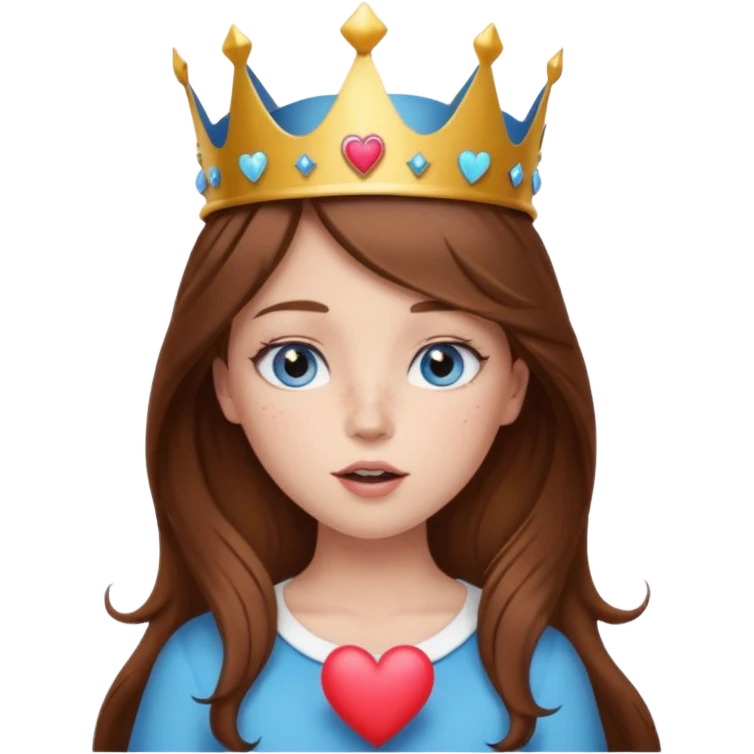 a girl with brown hair, blue eyes and freckles, who wears a crown and is blowing a heart kiss  emoji