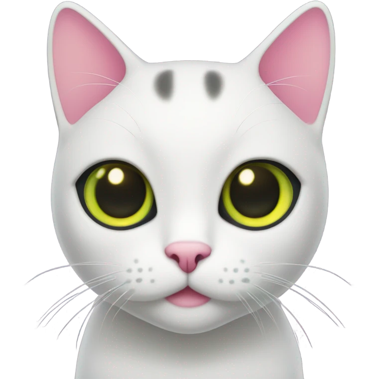 black shorthair cat with pink ears on the inside and eyes that are green around the pupil and yellow around the green collar emoji