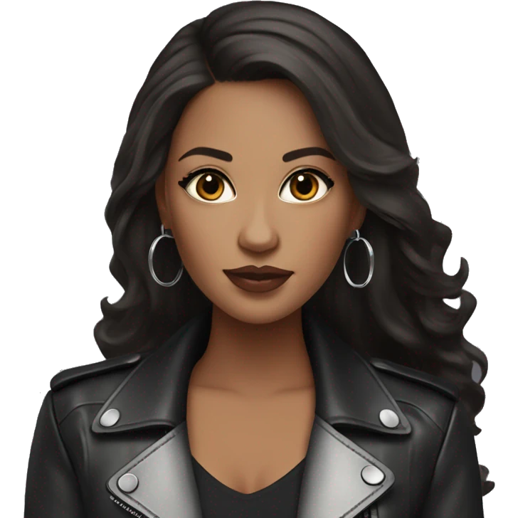 Glamour brunette in leather jacket long dark hair and silver hoop earrings emoji