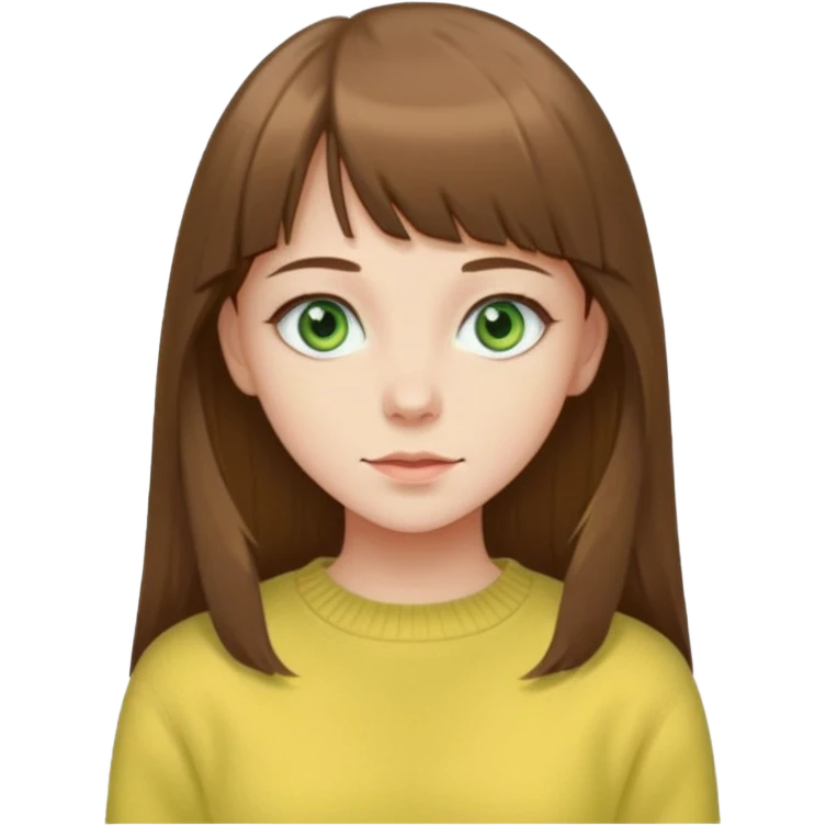 please create an emoji of a semi pale girl with long brown hair with a thin bang, green eyes, wearing a pastel yellow sweater emoji