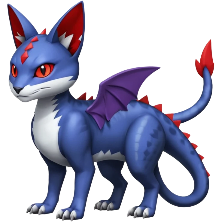 midnight blue-gray-black, with red markings, white belly, scaley Bastet-Noibat-Gatomon-Garchomp-Litten-Digimon-Fakémon-Pokémon-creature (full body) emoji