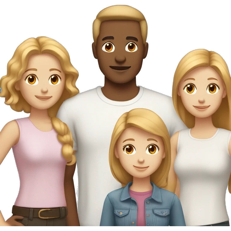 a family of 5, with three teenage daughters, ages 15, 13, and 11 all white with strawberry blonde hair, mom has dark brown hair and dad has light brown hair emoji