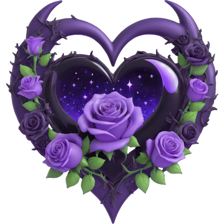 gothic heart made of black glass, silver crescent moon, deep purple roses, holographic stardust, neon lightning, drenched look, splintered glass texture emoji