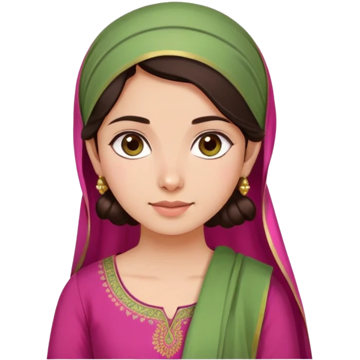 girl with light wheatish skin, dark brown hair, wearing dark pink kurti with sage green dupatta on head emoji