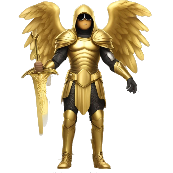 golden archangel, a guy of European appearance in black glasses, in full height, with golden wings and in golden armor, in his hand a golden sword, in a golden hood emoji
