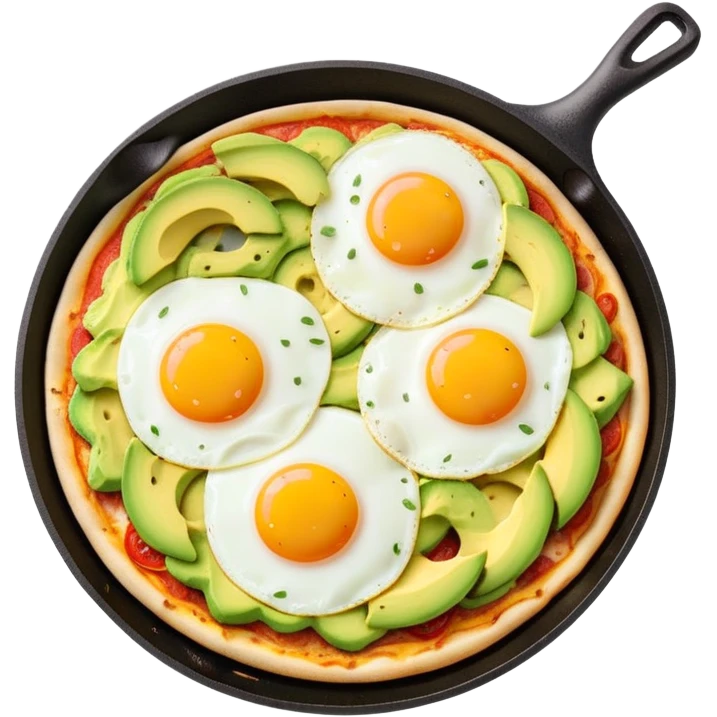 A breakfast skillet with melted cheese, pizza toppings, sliced avocado, and a fried egg on top emoji