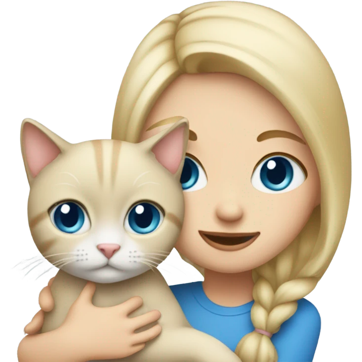 blonde girl with blue eyes holding a cat emoji