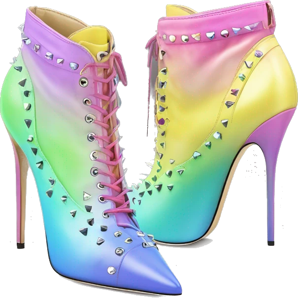 Realistic isolated top view of a pair of pastel rainbow spikey jimmy Choo stiletto high heel ankle bootie boots.  emoji