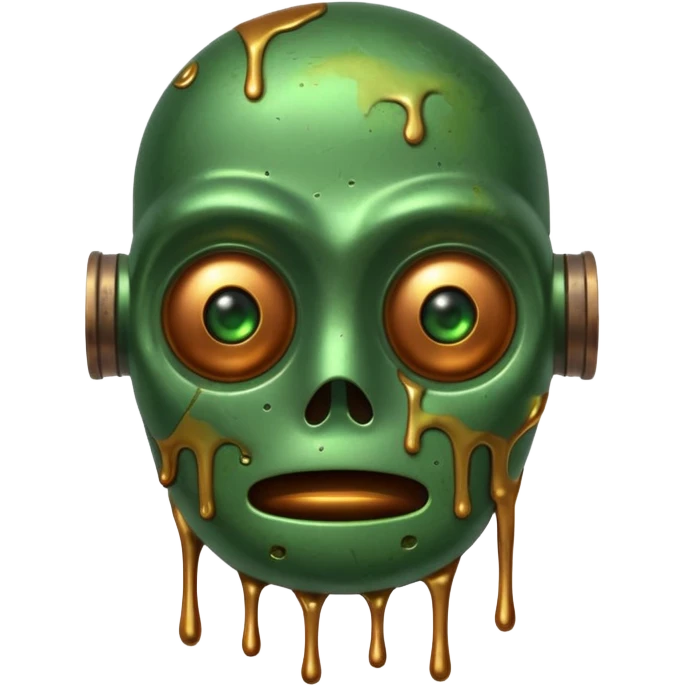 make a tired old melting robot emoji, covered in green sludge, 2d, make the eyes melting emoji
