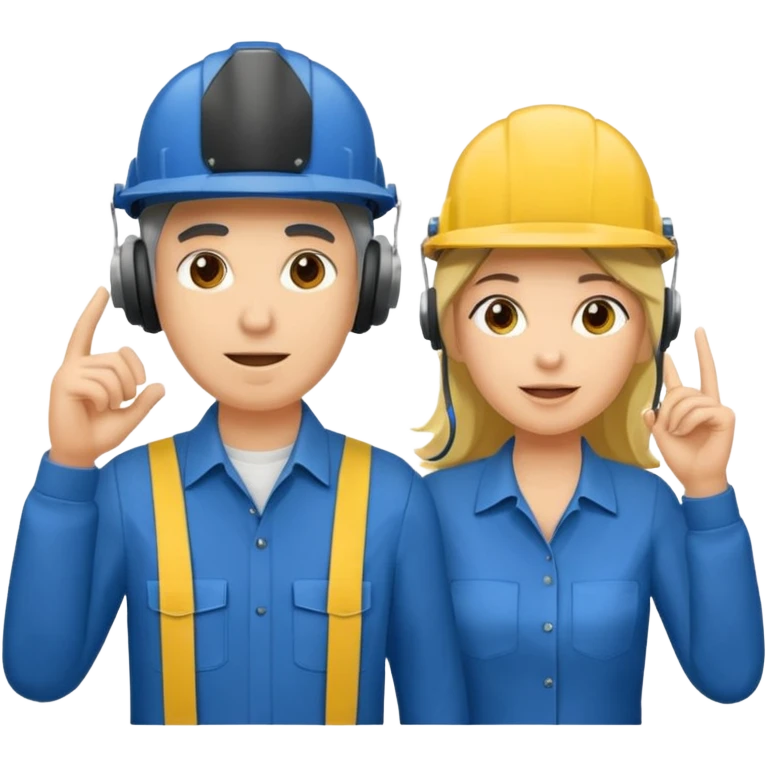 Um homem e uma mulher amarelos com capacete azul escuro e camisa social cinza. Um deles deve estar segurando um megafone  emoji