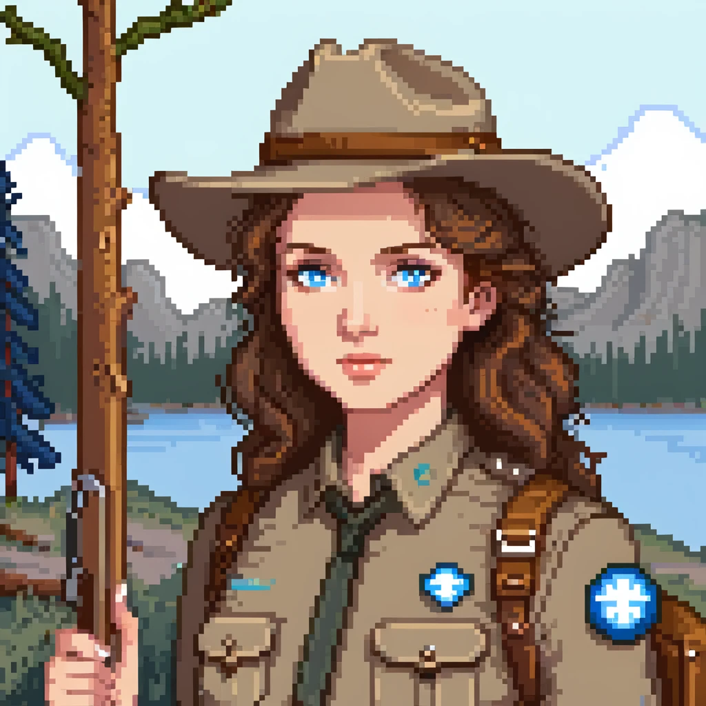 white woman park ranger with brown hair and blue eyes in a nature background emoji