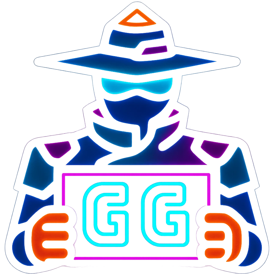 Add neon effects to the image of Cypher from Valorant holding a 'GG' sign, maintaining the bold, modern gaming icon style with transparent background. emoji