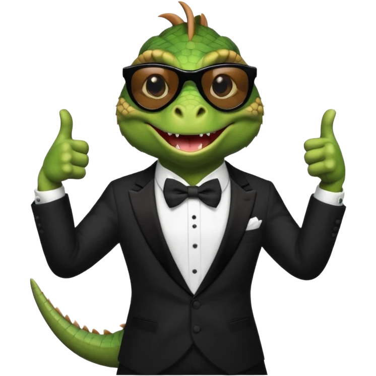 capitalist iguana banker in tuxedo and black sunglasses dancing crazy thumb up emoji