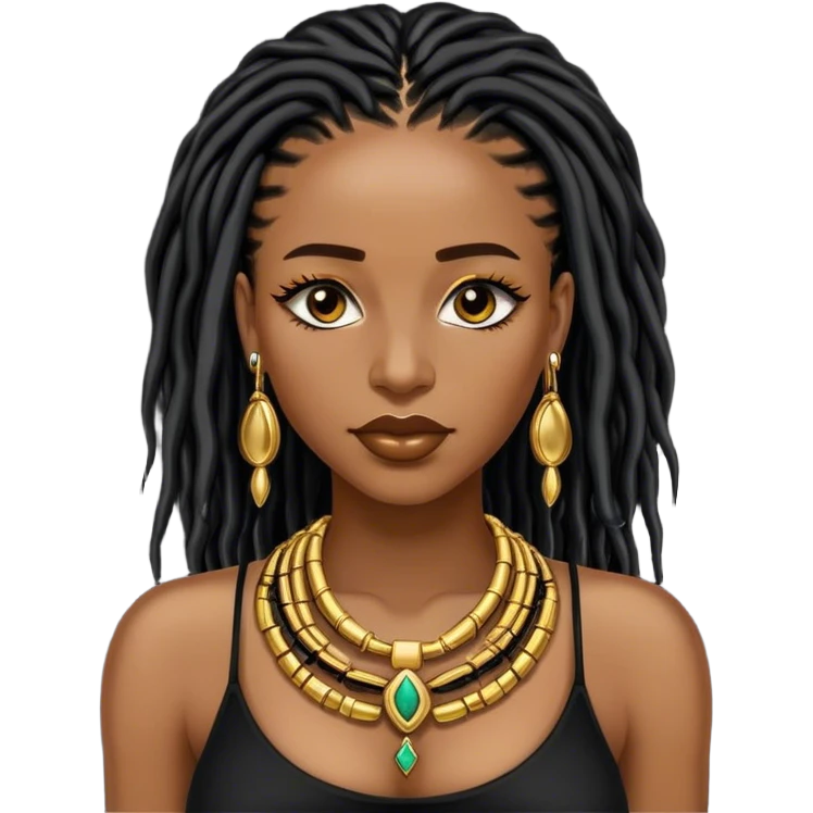 Congolese brownskin women with black shoulder length locs, eyelashes and a lot of gold jewellery  emoji
