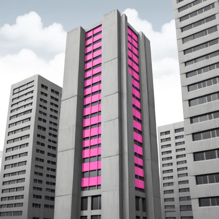 Tall gray brutalist concrete tower with one bright pink window among many regular gray windows emoji