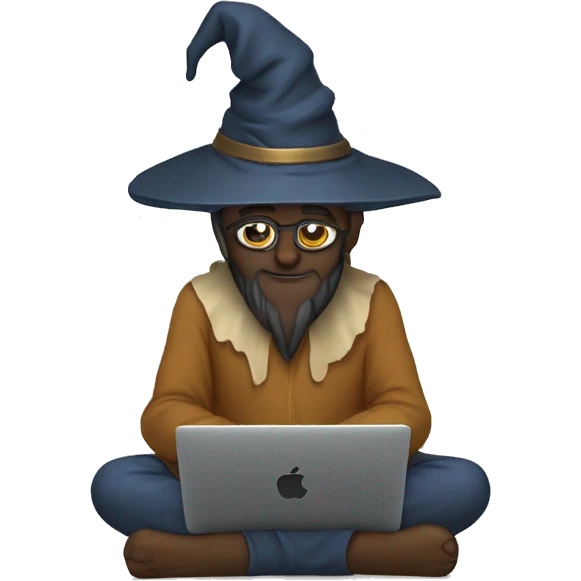 Wizard sitting cross legged and doing deep work on a macbook emoji