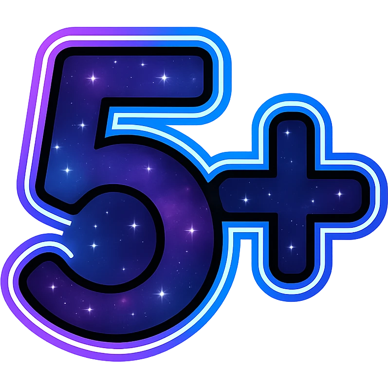 +5 sec icon, modern clean plus and 5 with neon border and glowing effect, dark purples blues blacks base, nebula gradients, small bright stars, specular highlights, luminous look emoji