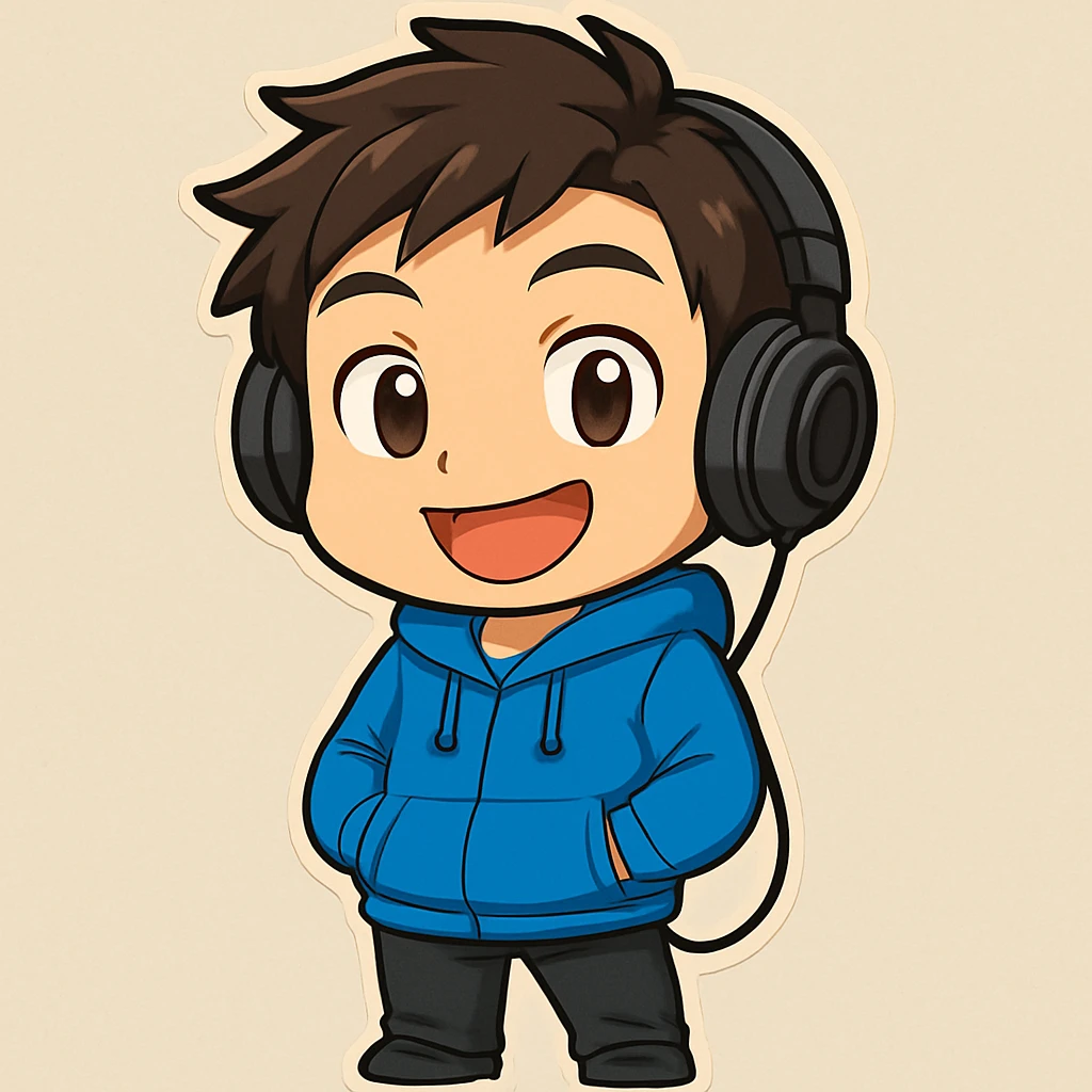 Make the chibi anime male character's smile bigger, show the full body from shoes to head, use more vibrant colors for the clothes, keep the hoodie and pants, but make the hoodie a lighter blue. Keep the style chibi anime and the character cool, smiling, hands in pockets, with wired headphones. emoji
