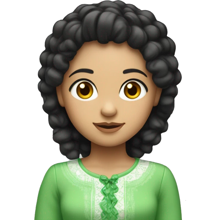 Uma menina branca com cabelos claros, olhos verdes, e blusa preta de gola alta emoji