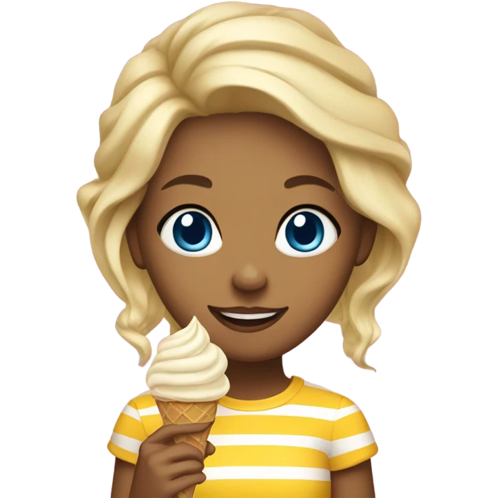 Girl with blonde hair, blue eyes, yellow striped shirt, holding vanilla ice cream cone emoji