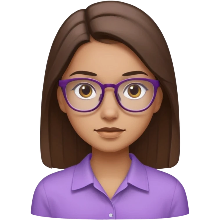 Imagine a pretty girl with slightly light brown skin with big brown eyes and glasses. She has straight long brown hair in a slick back and is wearing a light purple shirt emoji