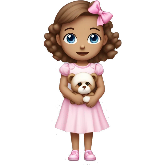 Little Girl with White skin, blue eyes. brown hair with pink bows in it.  She is wearing a pink and White dress, standing and holding on to a teddybear with a pink bows. emoji