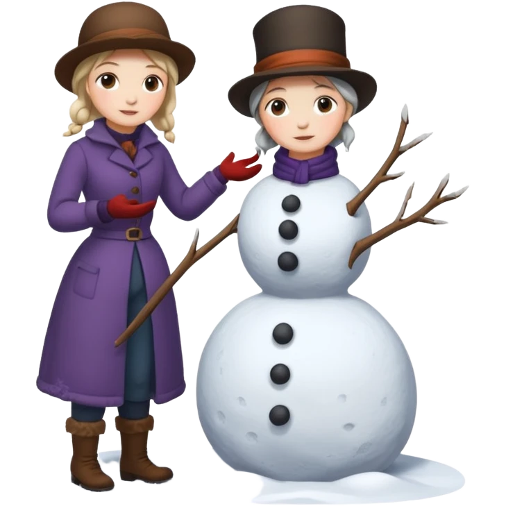  young Virginia Poe and  eldely Maria Clemm  full body building a snowman  1800's emoji