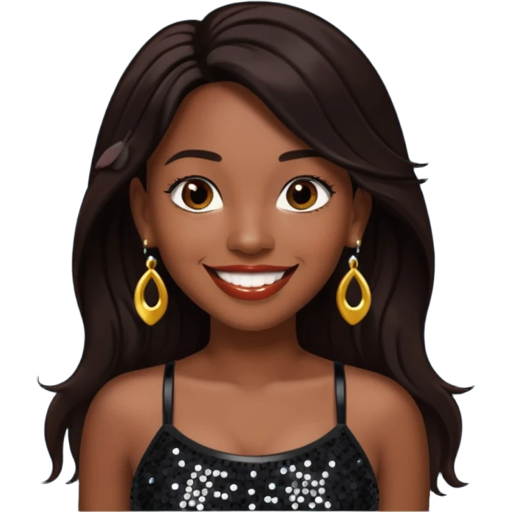 Chilli from TLC with long dark brown hair, black sequin crop top, black earring, dark skin emoji