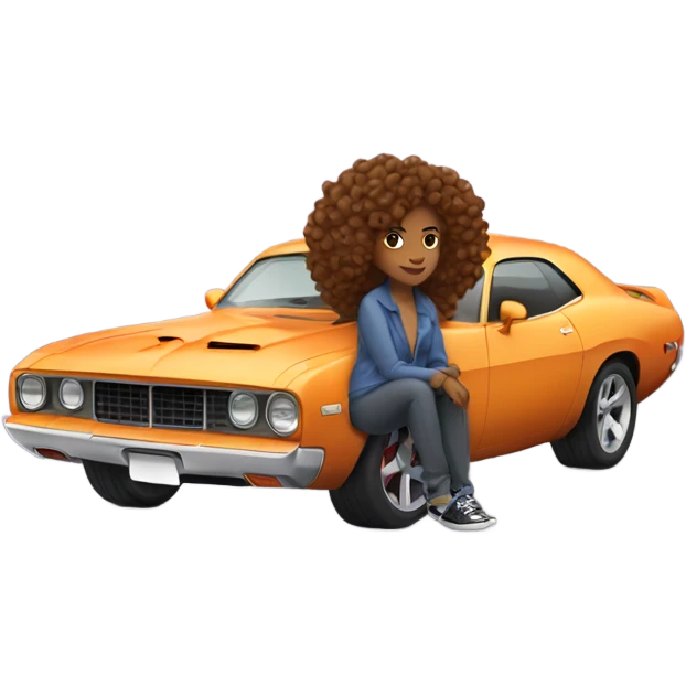 Brown Woman with curly hair leaning on hellcat car emoji