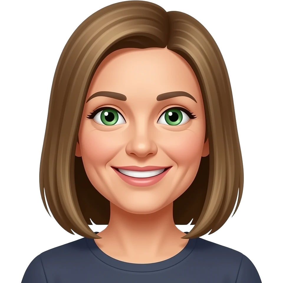 mulher cabelo tamanho medio liso loiro escuro, olhos verdes, 45 anos sorriso emoji