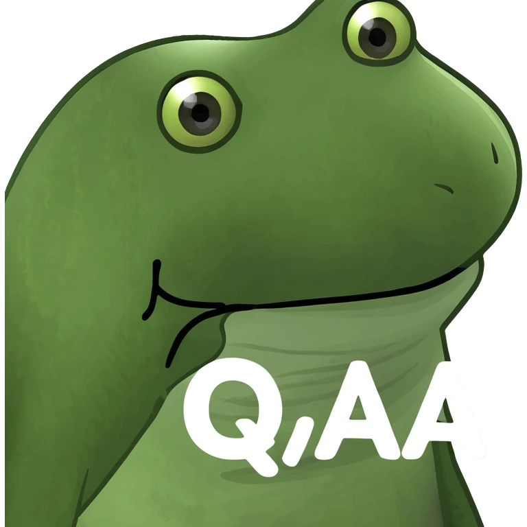 funny frog head emoji with bold, clear font letters 'QA', centered and large emoji