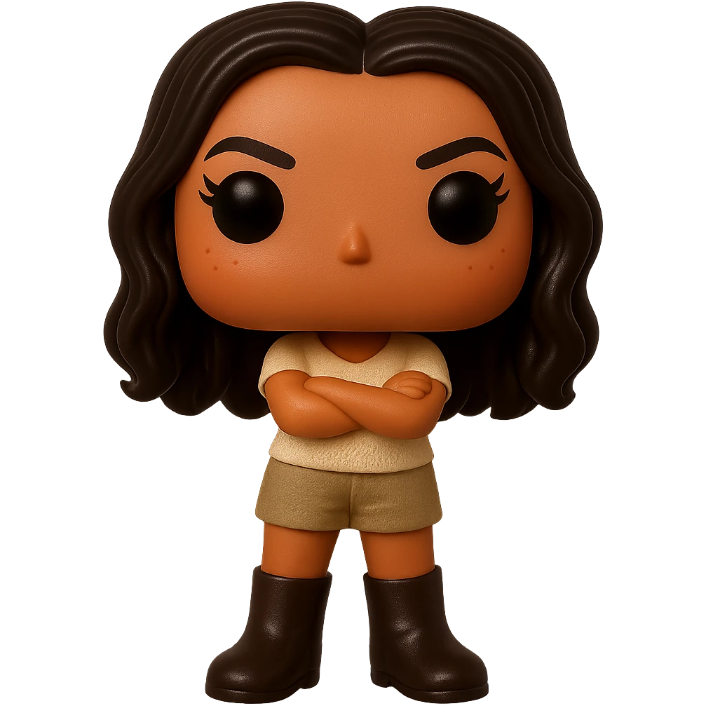 Enhance the quality of the image with smooth tanned skin, dark hair with subtle auburn highlights, even darker leather boots, textured clothing (cream top, greige bottom), arms crossed, rosy cheekbones, very subtle freckles, no neck visible, eyebrows with a mischievous and playful expression, no mouth, transparent background. Maintain the original style and details from the reference image. emoji
