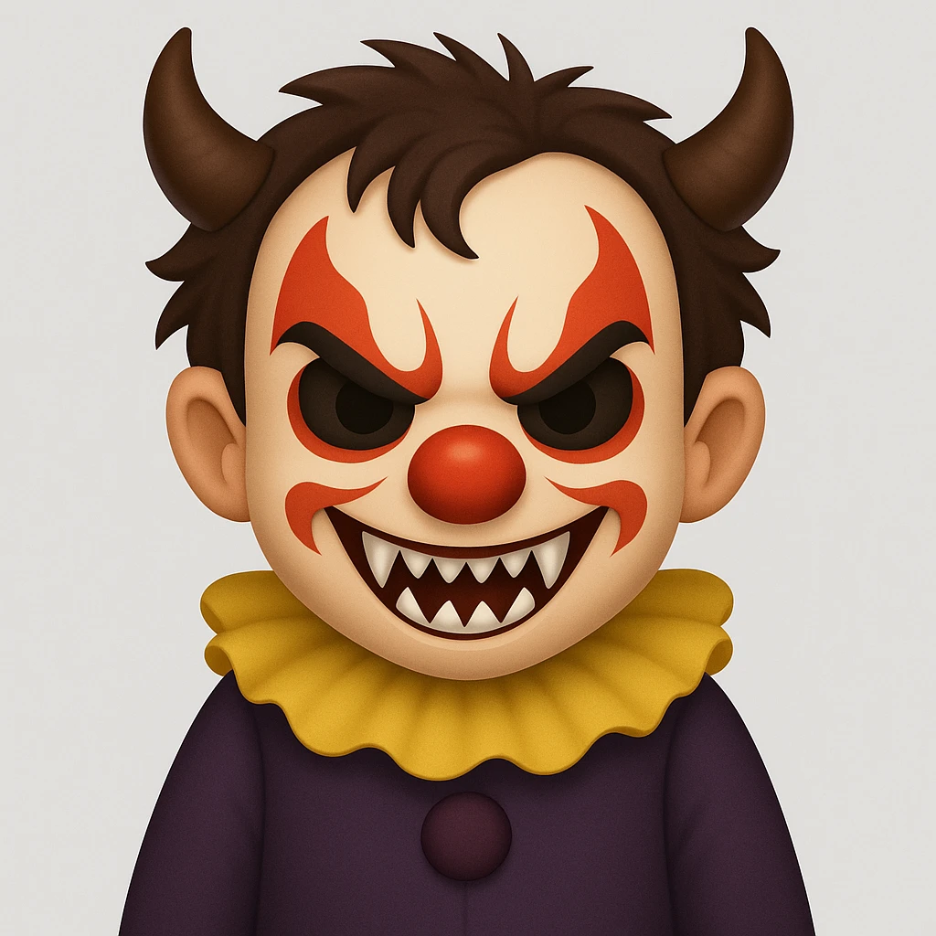 Render a child demonic clown with horns and fangs in the style of apple emojis, keeping the spirit and expression of the original character. emoji