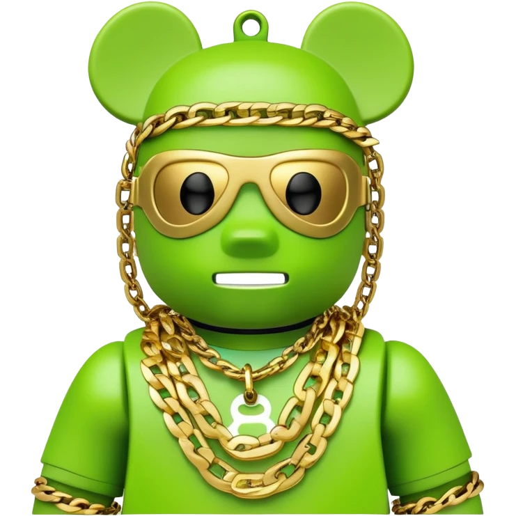classic bearbrick figure with lime green mask covered in chaotic brand logos, wearing several large gold chains, gold pendant, rapper style accessories, expressive eyebrows emoji