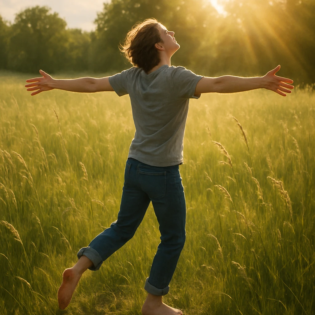 A person in casual clothes, barefoot, spinning with arms wide open in a field of tall grass, sunlight streaming, realistic style emoji