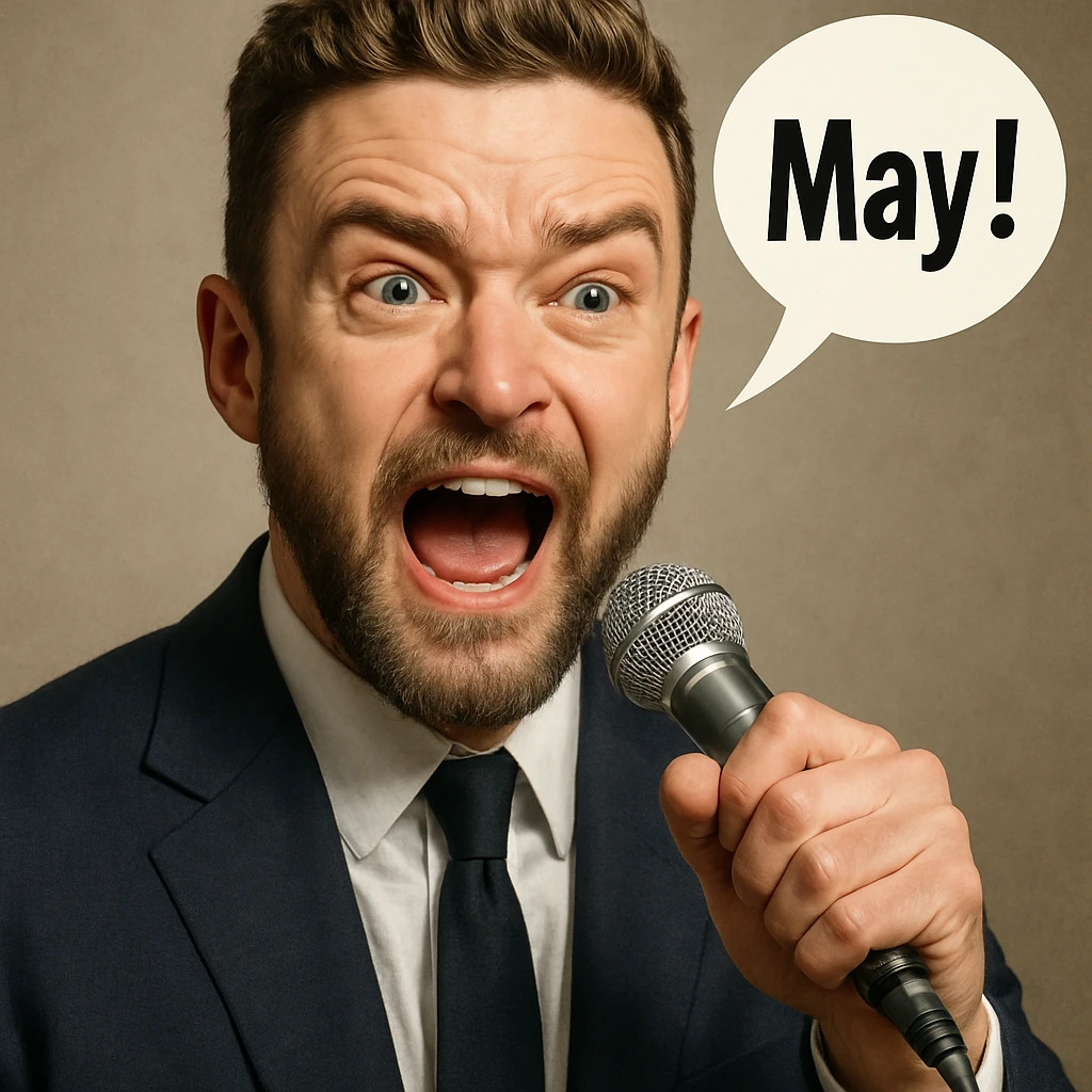 realistic illustration of Justin Timberlake holding a microphone, saying 'May!', expressive face, detailed features emoji