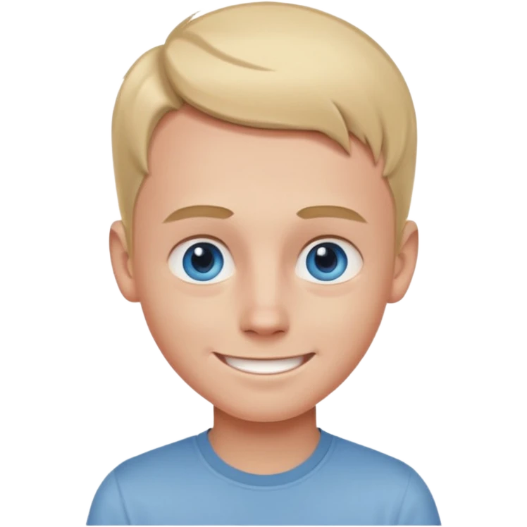 young blonde boy with blue eyes, big forehead, smiling, pale skin with slight red tint from tanning bed, wearing a grey button shirt emoji