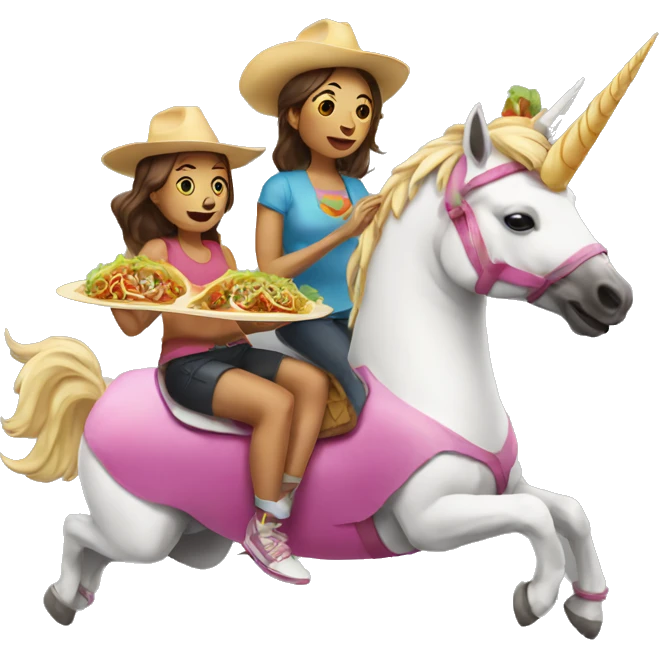 two women eating tacos, riding a unicorn emoji