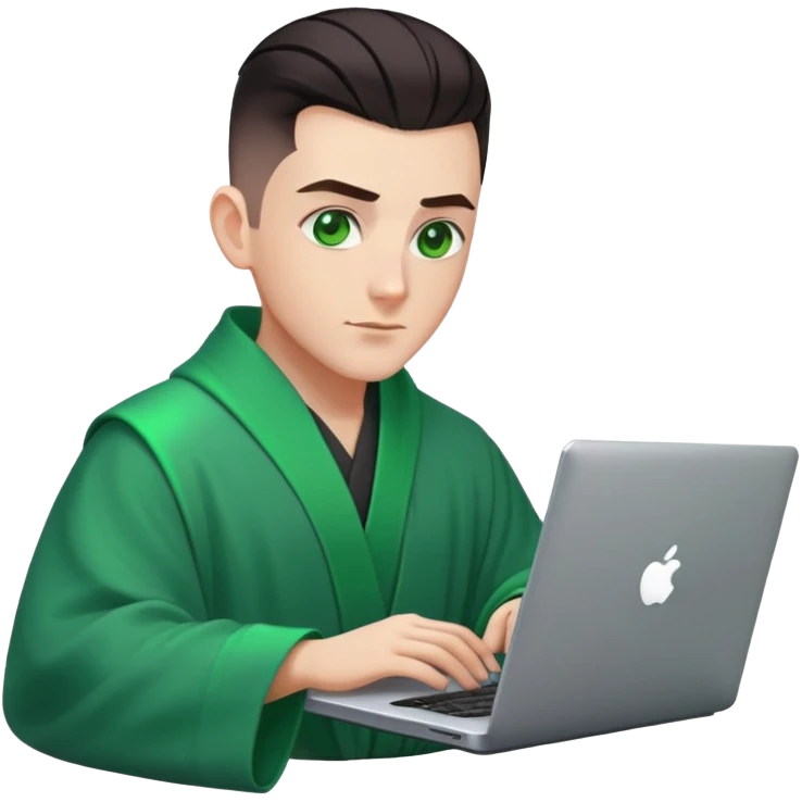 male wizzard with dark hair, mid bald fade haircut, slick back hairstyle, green eyes, dark robe green aura coding on laptop emoji