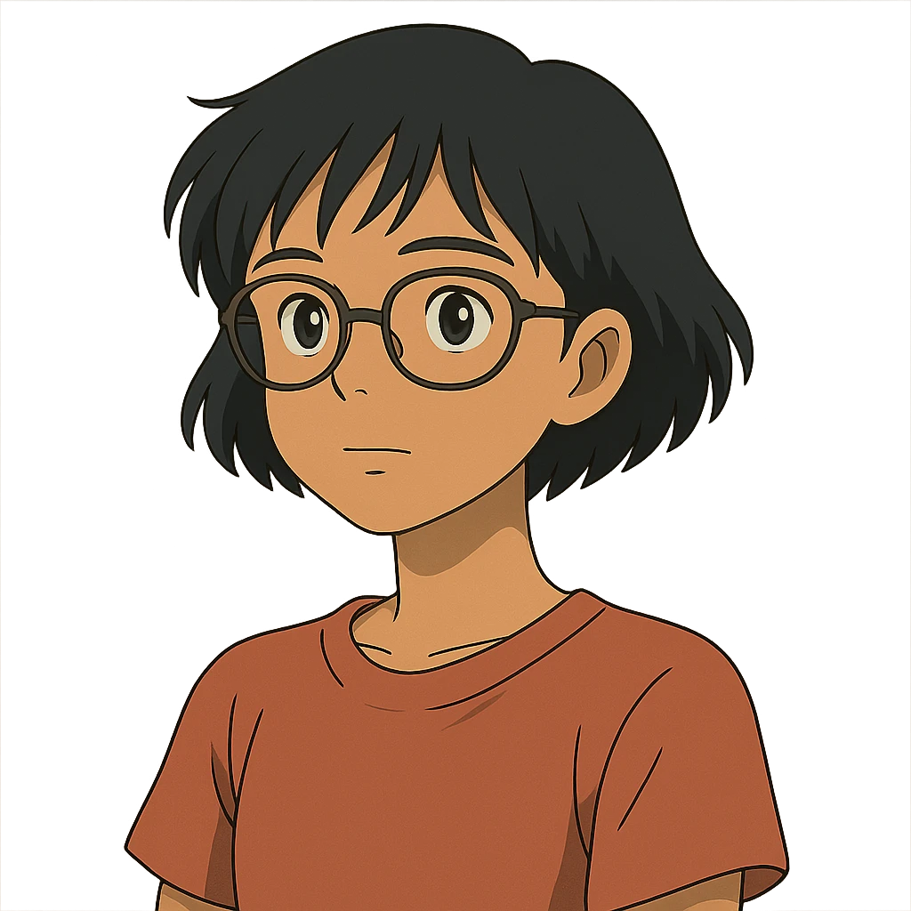 ghibli style Asian girl with tan skin, short black hair, and glasses emoji