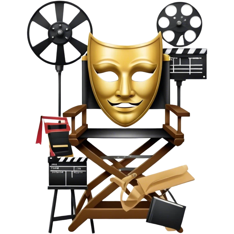 Icon for Acting: a theatrical mask, stage lights, a director’s chair, a script, a movie camera and a clapperboard, representing the craft of acting in theater and film. Famous actor-star. The design should reflect creativity, performance, and storytelling. Transparent background. emoji