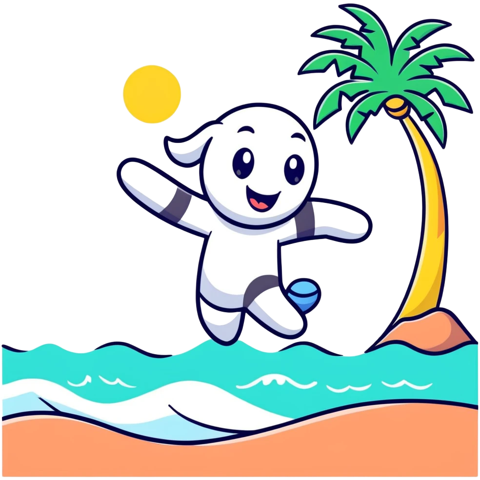 Fun cartoon character jumping happily on beach with waves and palm tree, bright colors emoji