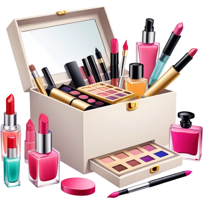 an opened box with various beauty items spilling out, including makeup, skincare, and perfume emoji