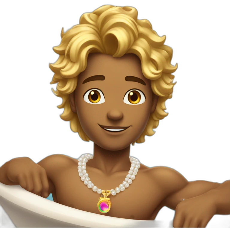 Posh-muscle-boy-with-pearl-necklace-and-rainbow-unicorn-hair-in-golden-bathtub emoji
