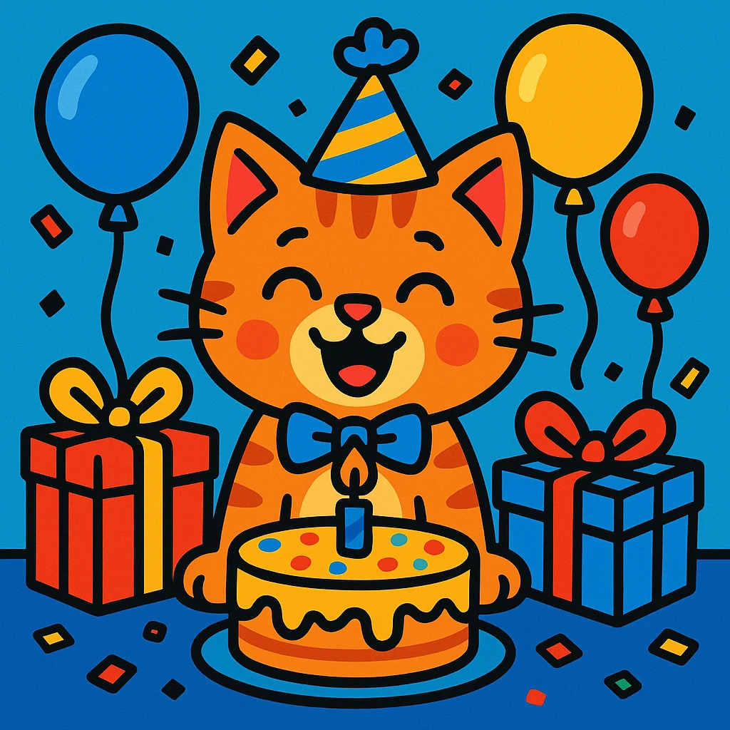 a ginger tabby kitten celebrating its birthday, wearing a birthday hat, surrounded by a birthday cake, balloons, gifts, and looking happy emoji