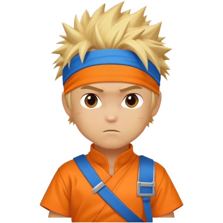 A blonde ninja boy with spiky hair, whisker marks on cheeks, orange outfit, and blue headband with metal plate emoji