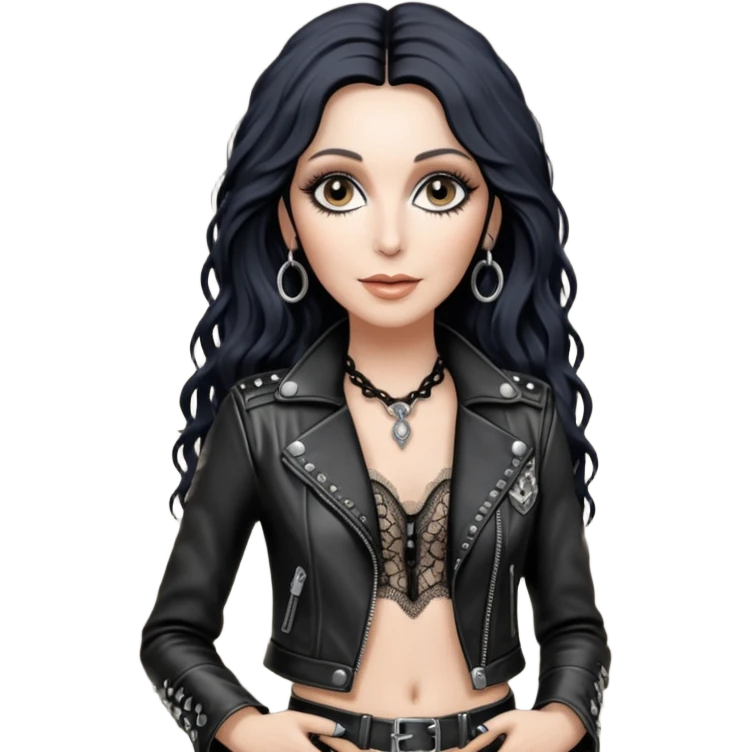 realistic cinematic singer Cher in a typical rocker's attractive outfit with leather and lace, half-naked as in the video If I Could Turn Back Time emoji