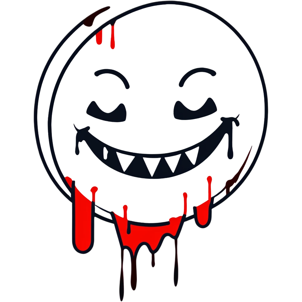 Evil smiley face with sharp teeth and blood dripping down, horror themed emoji