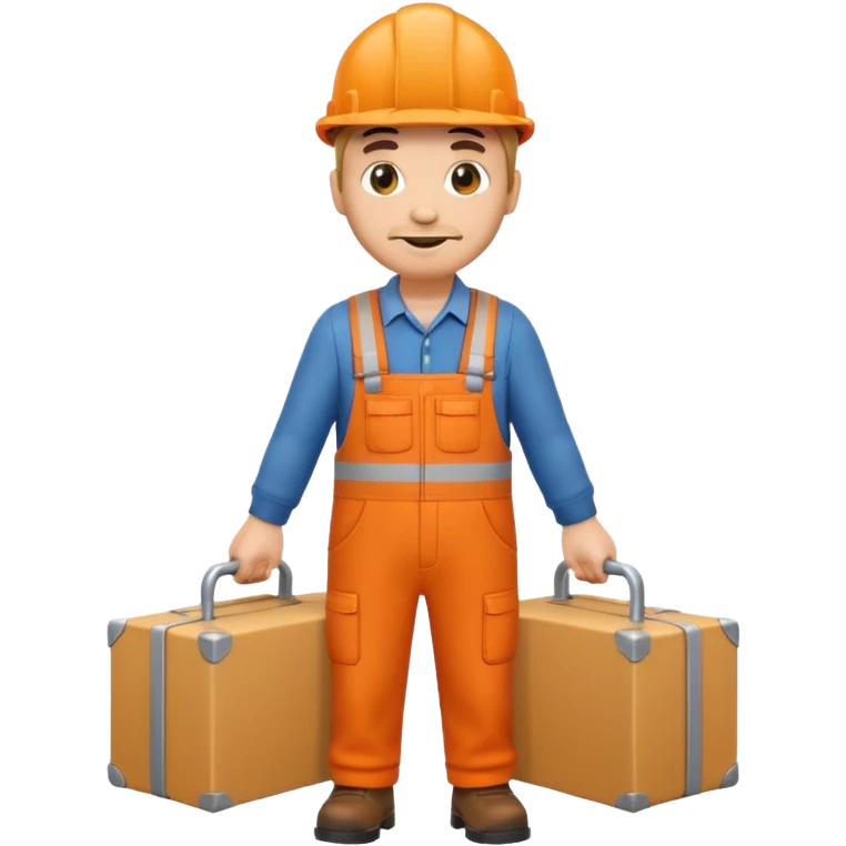 emoji style railway engineer full body in orange overalls, carrying a box in front of them emoji